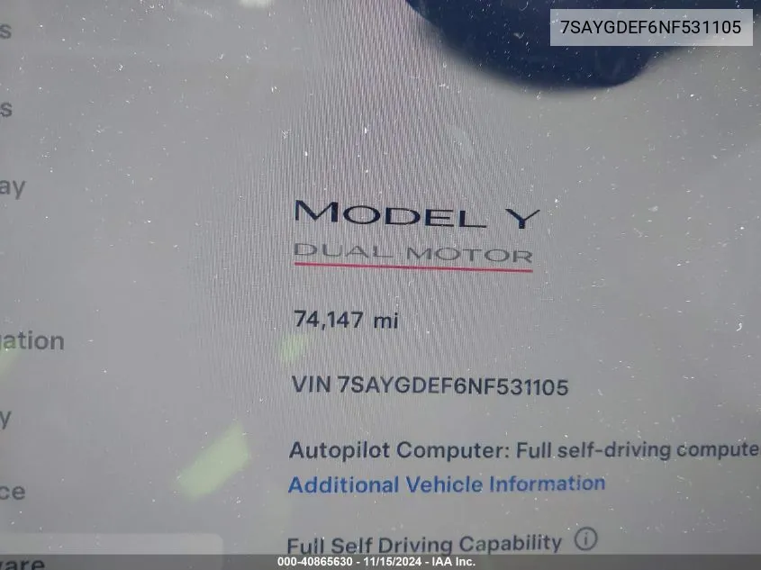 2022 Tesla Model Y Performance Dual Motor All-Wheel Drive VIN: 7SAYGDEF6NF531105 Lot: 40865630