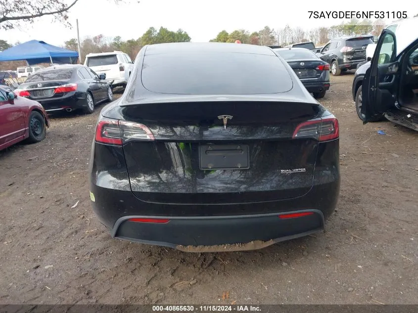 2022 Tesla Model Y Performance Dual Motor All-Wheel Drive VIN: 7SAYGDEF6NF531105 Lot: 40865630