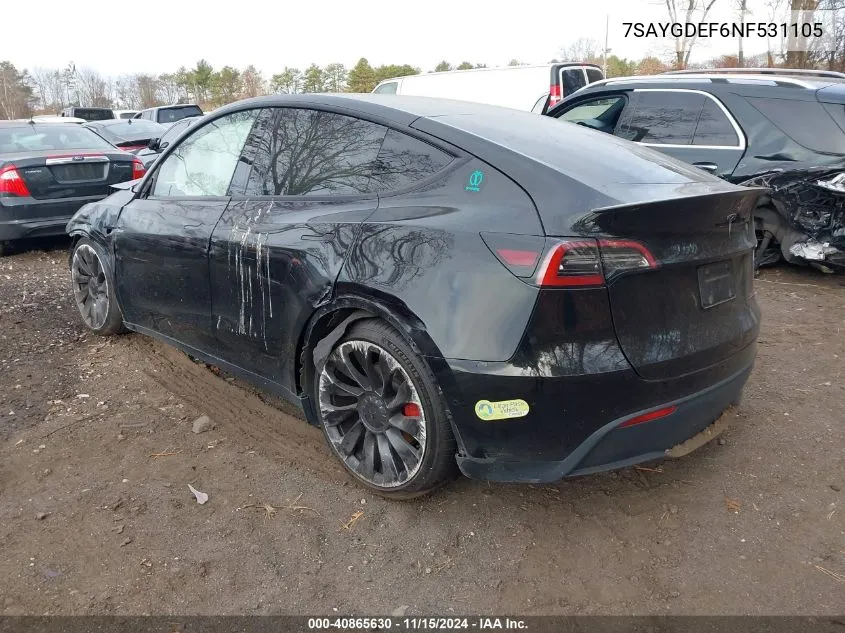 2022 Tesla Model Y Performance Dual Motor All-Wheel Drive VIN: 7SAYGDEF6NF531105 Lot: 40865630