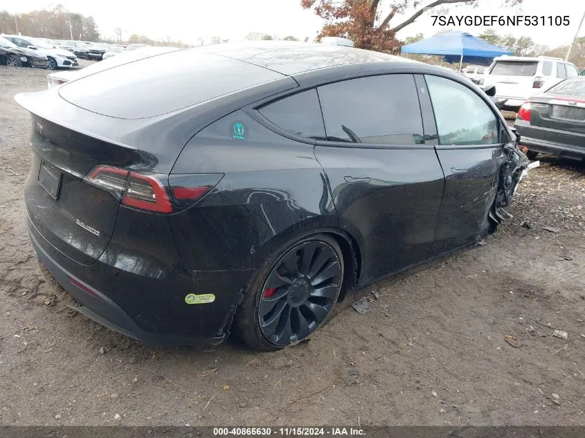 2022 Tesla Model Y Performance Dual Motor All-Wheel Drive VIN: 7SAYGDEF6NF531105 Lot: 40865630