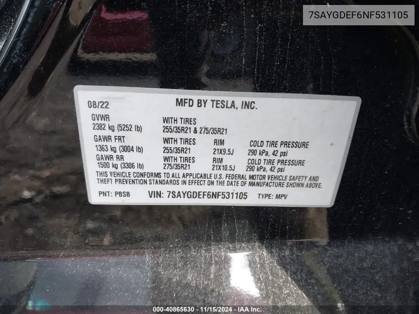 2022 Tesla Model Y Performance Dual Motor All-Wheel Drive VIN: 7SAYGDEF6NF531105 Lot: 40865630