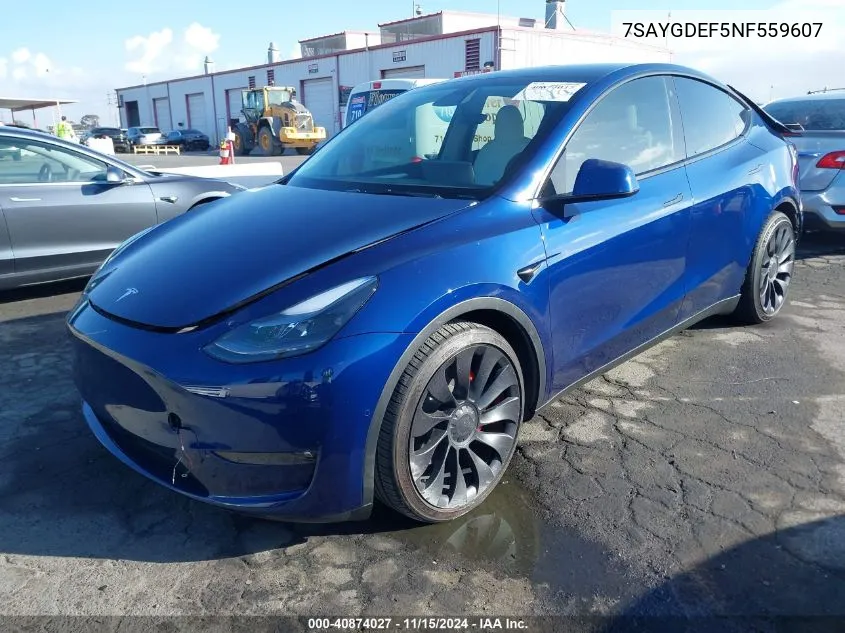 2022 Tesla Model Y Performance Dual Motor All-Wheel Drive VIN: 7SAYGDEF5NF559607 Lot: 40874027