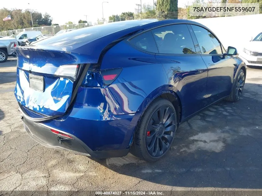 2022 Tesla Model Y Performance Dual Motor All-Wheel Drive VIN: 7SAYGDEF5NF559607 Lot: 40874027