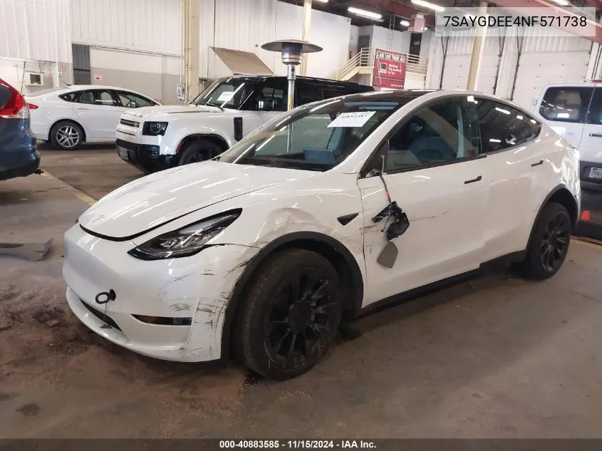 2022 Tesla Model Y Long Range Dual Motor All-Wheel Drive VIN: 7SAYGDEE4NF571738 Lot: 40883585