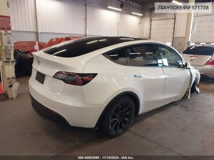 2022 Tesla Model Y Long Range Dual Motor All-Wheel Drive VIN: 7SAYGDEE4NF571738 Lot: 40883585