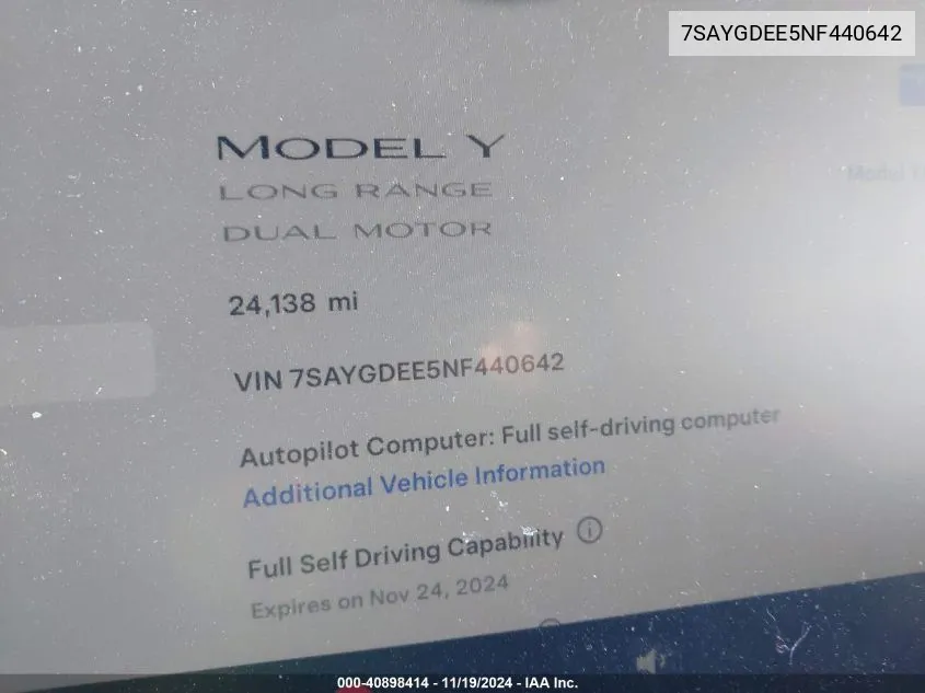 2022 Tesla Model Y Long Range Dual Motor All-Wheel Drive VIN: 7SAYGDEE5NF440642 Lot: 40898414