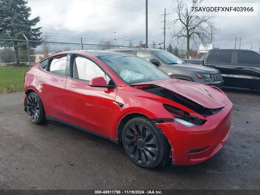 2022 Tesla Model Y Performance Dual Motor All-Wheel Drive VIN: 7SAYGDEFXNF403966 Lot: 40911798