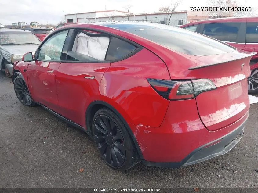 2022 Tesla Model Y Performance Dual Motor All-Wheel Drive VIN: 7SAYGDEFXNF403966 Lot: 40911798