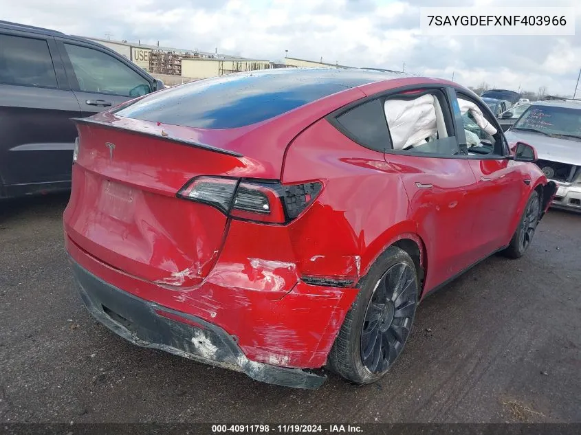 2022 Tesla Model Y Performance Dual Motor All-Wheel Drive VIN: 7SAYGDEFXNF403966 Lot: 40911798