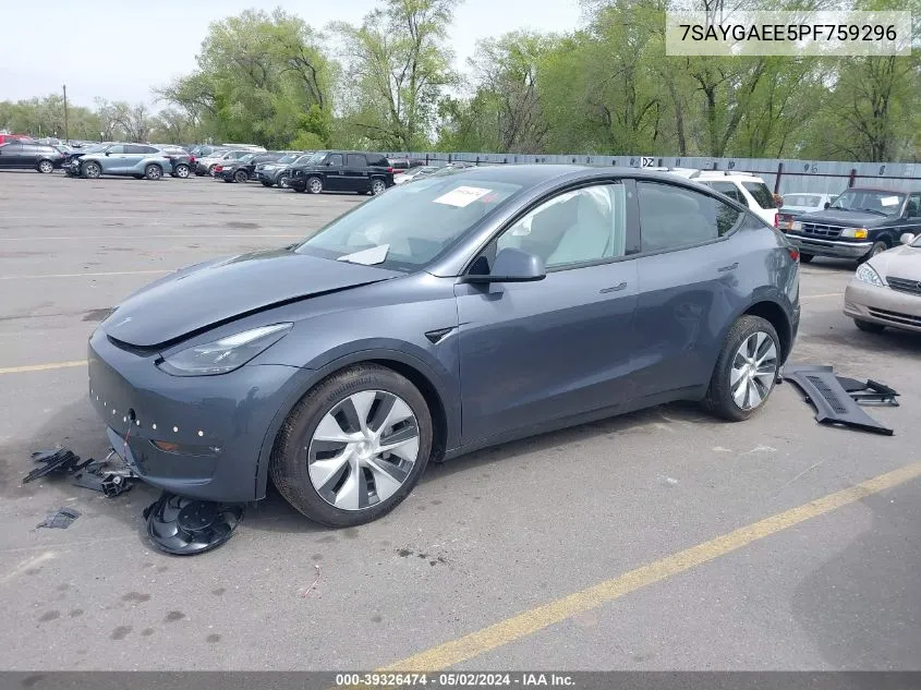 2023 Tesla Model Y Awd/Long Range Dual Motor All-Wheel Drive VIN: 7SAYGAEE5PF759296 Lot: 39326474