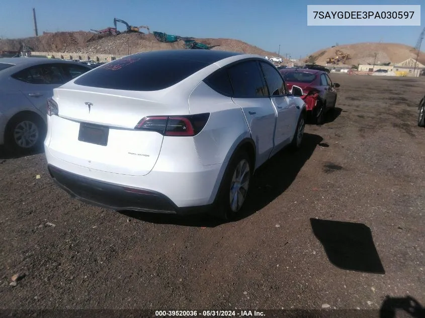 2023 Tesla Model Y Awd/Long Range Dual Motor All-Wheel Drive VIN: 7SAYGDEE3PA030597 Lot: 39520036