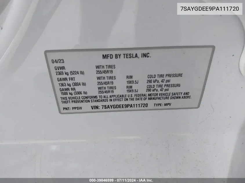 7SAYGDEE9PA111720 2023 Tesla Model Y