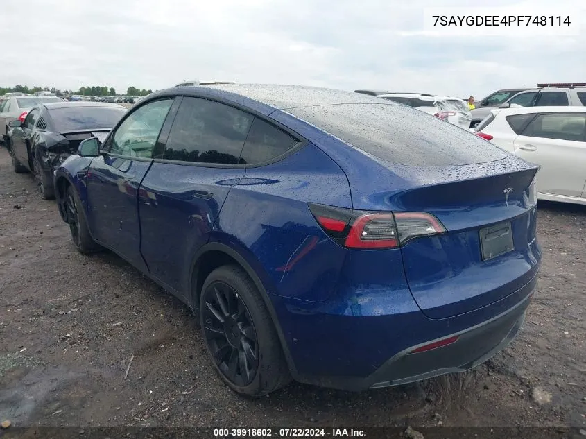 2023 Tesla Model Y Awd/Long Range Dual Motor All-Wheel Drive VIN: 7SAYGDEE4PF748114 Lot: 39918602