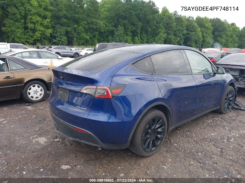 2023 Tesla Model Y Awd/Long Range Dual Motor All-Wheel Drive VIN: 7SAYGDEE4PF748114 Lot: 39918602