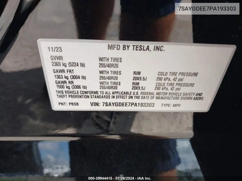 2023 Tesla Model Y VIN: 7SAYGDEE7PA193303 Lot: 39944415