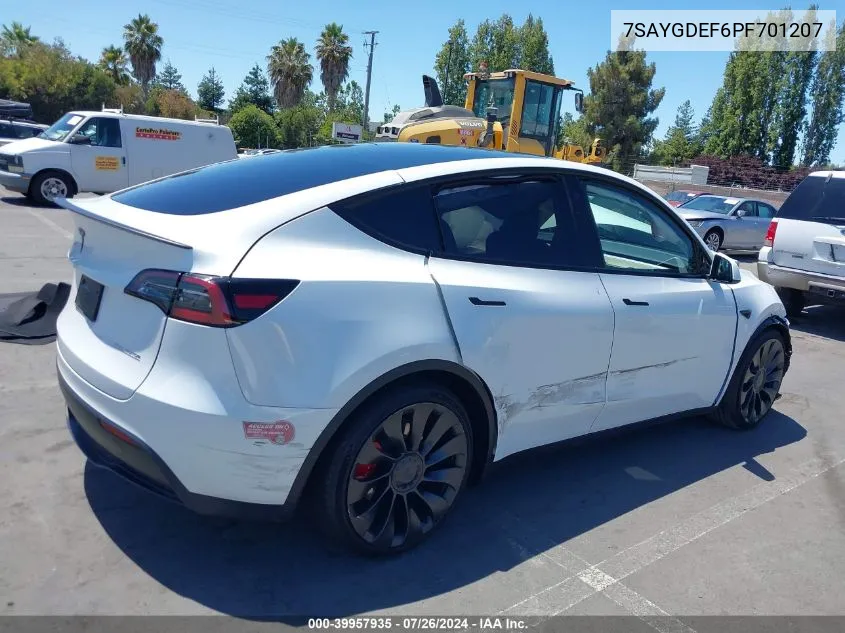 2023 Tesla Model Y Awd/Performance Dual Motor All-Wheel Drive VIN: 7SAYGDEF6PF701207 Lot: 39957935