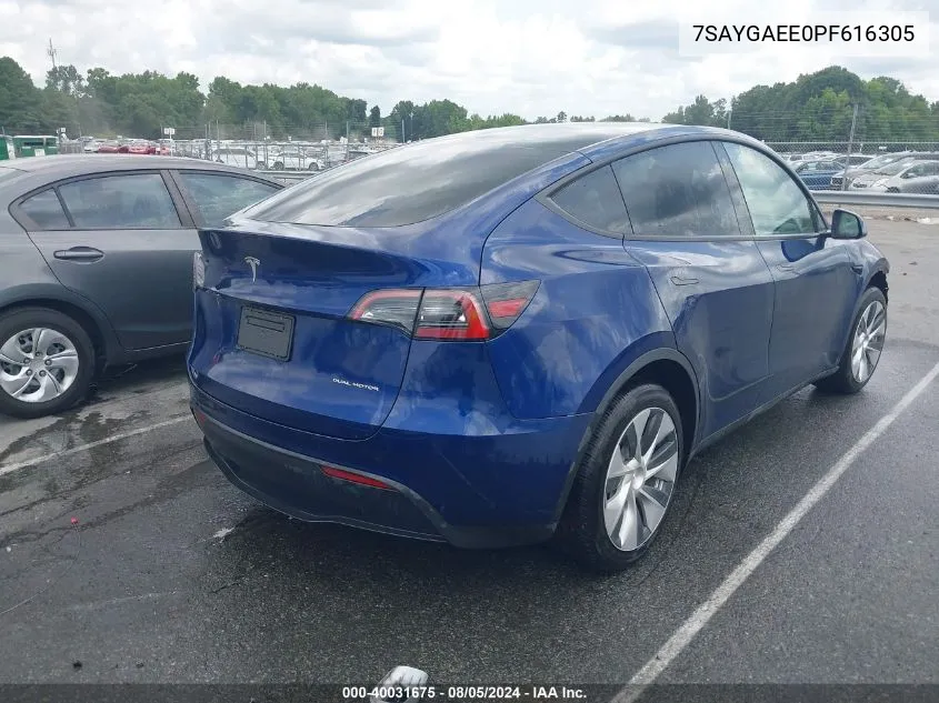 2023 Tesla Model Y Awd/Long Range Dual Motor All-Wheel Drive VIN: 7SAYGAEE0PF616305 Lot: 40031675