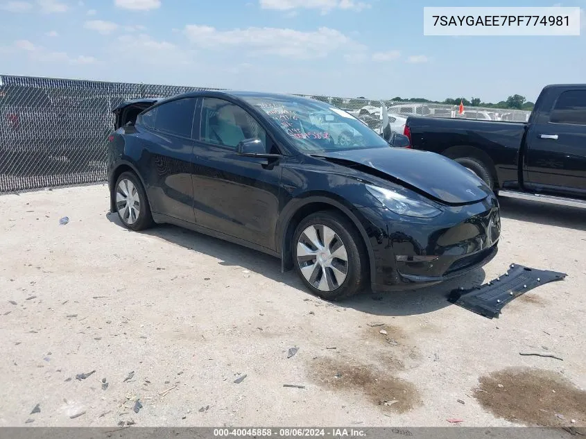 2023 Tesla Model Y Awd/Long Range Dual Motor All-Wheel Drive VIN: 7SAYGAEE7PF774981 Lot: 40045858