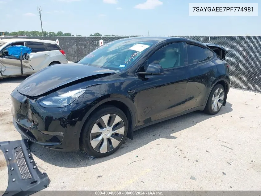 2023 Tesla Model Y Awd/Long Range Dual Motor All-Wheel Drive VIN: 7SAYGAEE7PF774981 Lot: 40045858