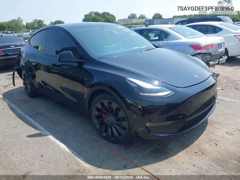 2023 Tesla Model Y Awd/Performance Dual Motor All-Wheel Drive VIN: 7SAYGDEF3PF808960 Lot: 40084409