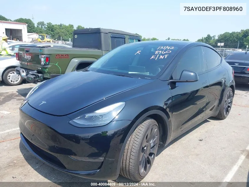 2023 Tesla Model Y Awd/Performance Dual Motor All-Wheel Drive VIN: 7SAYGDEF3PF808960 Lot: 40084409