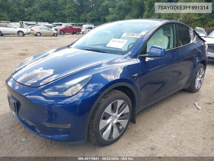 2023 Tesla Model Y Awd/Long Range Dual Motor All-Wheel Drive VIN: 7SAYGDEE3PF891314 Lot: 40175641