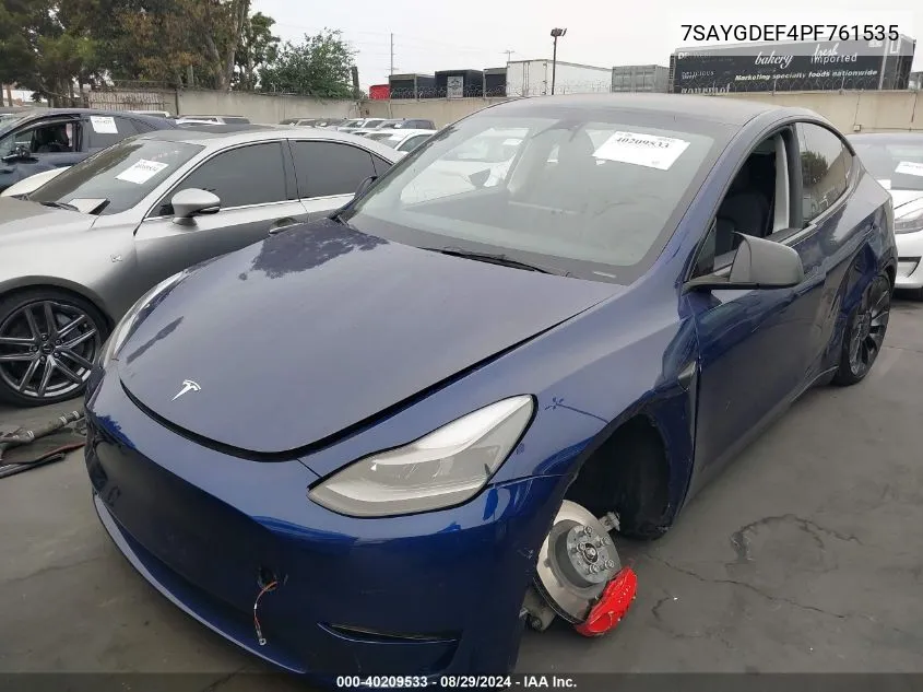 2023 Tesla Model Y Awd/Performance Dual Motor All-Wheel Drive VIN: 7SAYGDEF4PF761535 Lot: 40209533