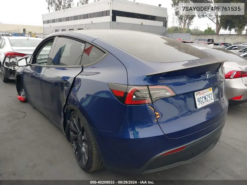 2023 Tesla Model Y Awd/Performance Dual Motor All-Wheel Drive VIN: 7SAYGDEF4PF761535 Lot: 40209533