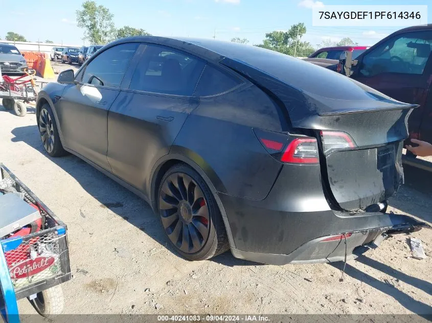 2023 Tesla Model Y Awd/Performance Dual Motor All-Wheel Drive VIN: 7SAYGDEF1PF614346 Lot: 40241083