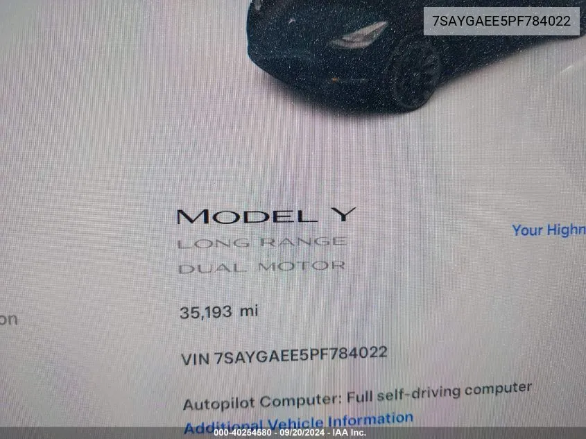 2023 Tesla Model Y Awd/Long Range Dual Motor All-Wheel Drive VIN: 7SAYGAEE5PF784022 Lot: 40254580