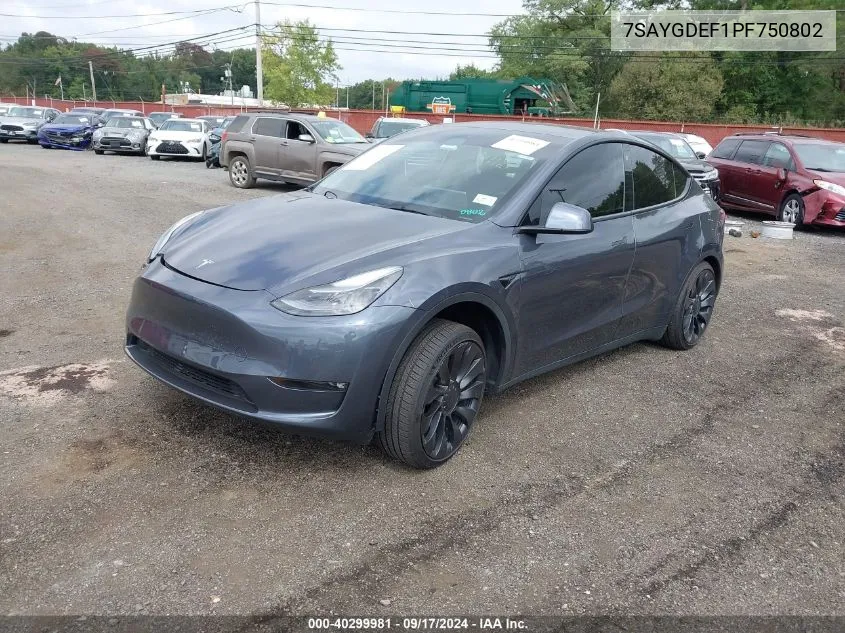 2023 Tesla Model Y Awd/Performance Dual Motor All-Wheel Drive VIN: 7SAYGDEF1PF750802 Lot: 40299981