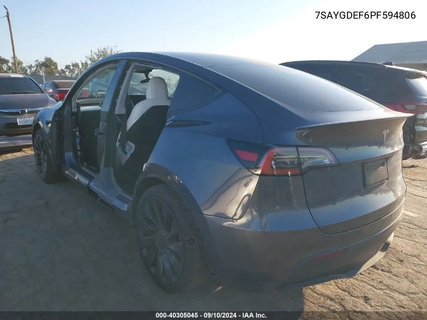 2023 Tesla Model Y Awd/Performance Dual Motor All-Wheel Drive VIN: 7SAYGDEF6PF594806 Lot: 40305045