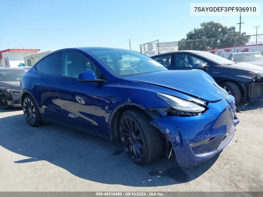 2023 Tesla Model Y Awd/Performance Dual Motor All-Wheel Drive VIN: 7SAYGDEF3PF936910 Lot: 40310480