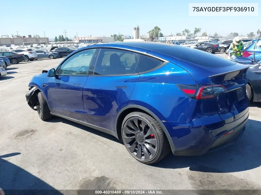 2023 Tesla Model Y Awd/Performance Dual Motor All-Wheel Drive VIN: 7SAYGDEF3PF936910 Lot: 40310480