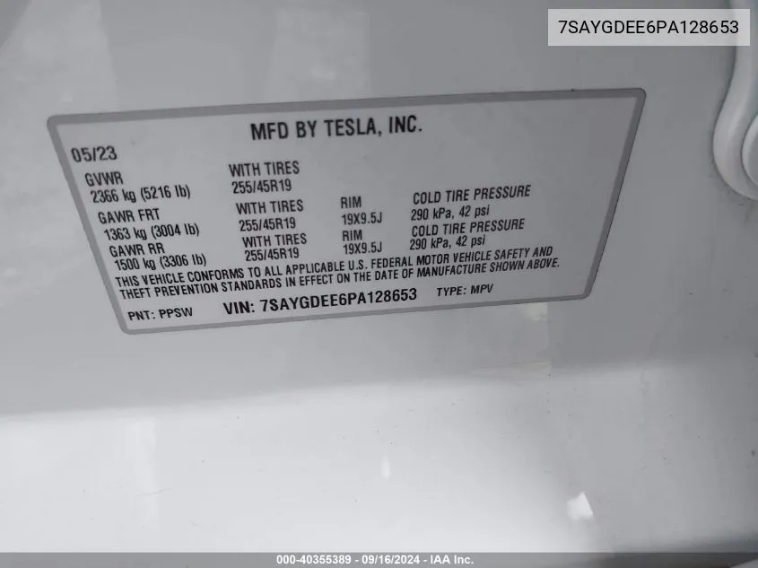 2023 Tesla Model Y Awd/Long Range Dual Motor All-Wheel Drive VIN: 7SAYGDEE6PA128653 Lot: 40355389