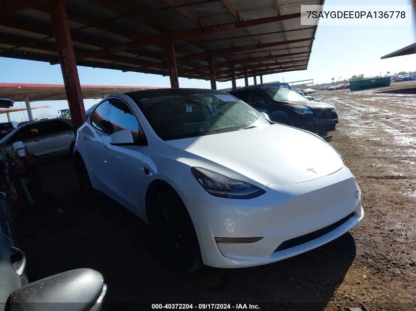 2023 Tesla Model Y Awd/Long Range Dual Motor All-Wheel Drive VIN: 7SAYGDEE0PA136778 Lot: 40372204