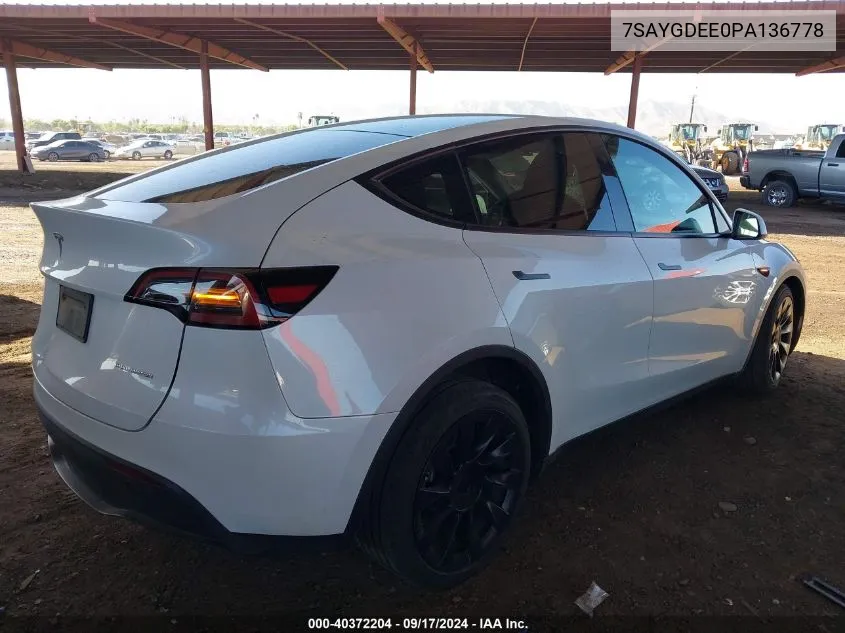 2023 Tesla Model Y Awd/Long Range Dual Motor All-Wheel Drive VIN: 7SAYGDEE0PA136778 Lot: 40372204