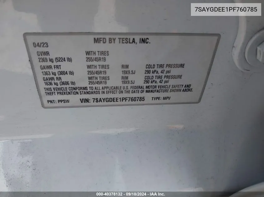 2023 Tesla Model Y Awd/Long Range Dual Motor All-Wheel Drive VIN: 7SAYGDEE1PF760785 Lot: 40378132