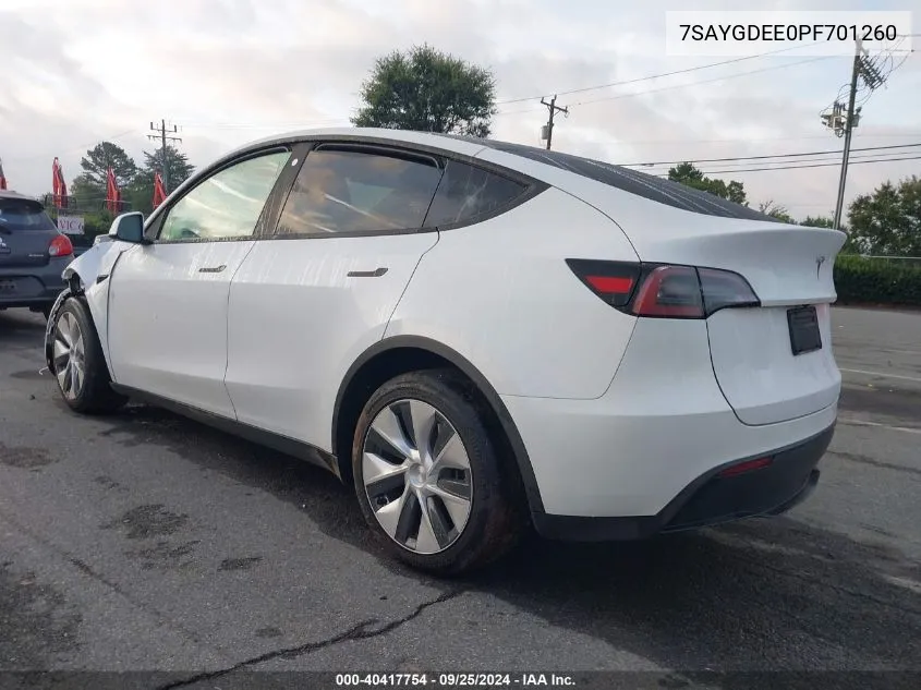 2023 Tesla Model Y Awd/Long Range Dual Motor All-Wheel Drive VIN: 7SAYGDEE0PF701260 Lot: 40417754