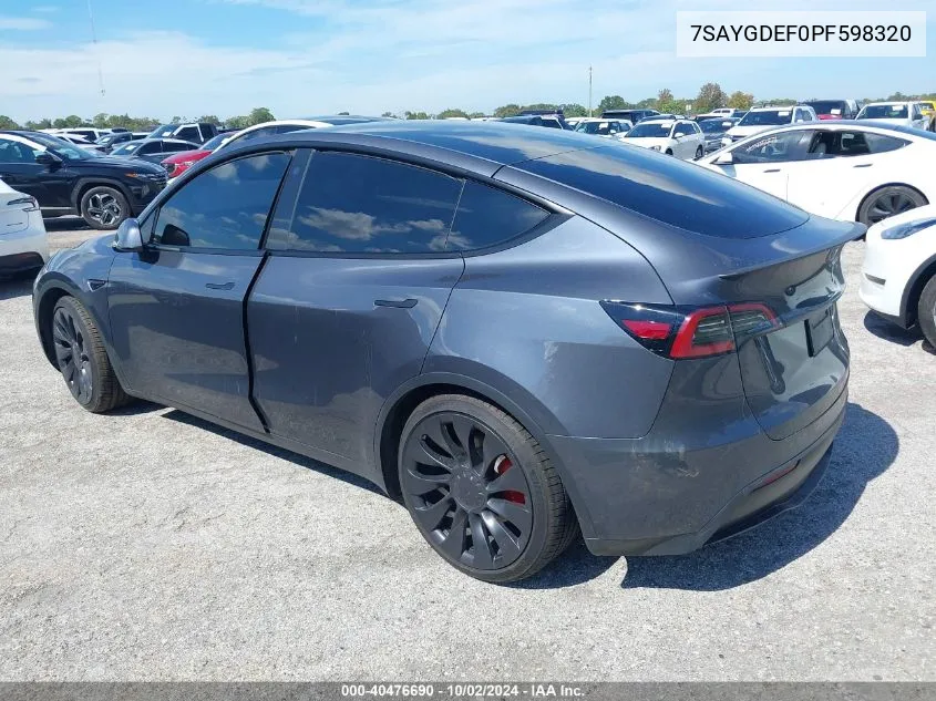 2023 Tesla Model Y VIN: 7SAYGDEF0PF598320 Lot: 40476690