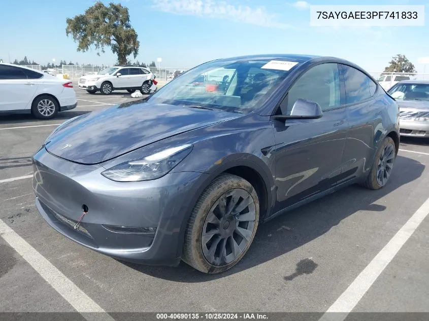 2023 Tesla Model Y Awd/Long Range Dual Motor All-Wheel Drive VIN: 7SAYGAEE3PF741833 Lot: 40690135