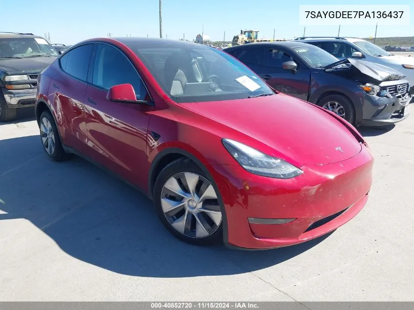 2023 Tesla Model Y Awd/Long Range Dual Motor All-Wheel Drive VIN: 7SAYGDEE7PA136437 Lot: 40852720