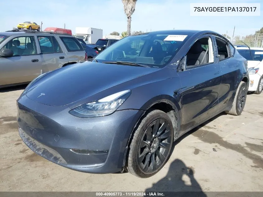 2023 Tesla Model Y Awd/Long Range Dual Motor All-Wheel Drive VIN: 7SAYGDEE1PA137017 Lot: 40905773