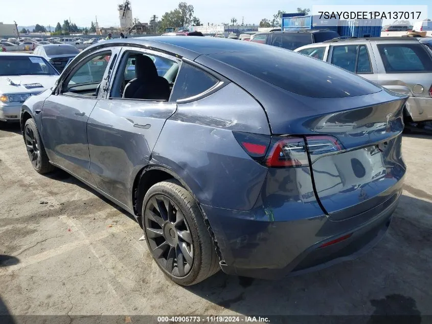 2023 Tesla Model Y Awd/Long Range Dual Motor All-Wheel Drive VIN: 7SAYGDEE1PA137017 Lot: 40905773