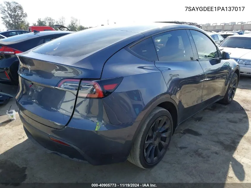 2023 Tesla Model Y Awd/Long Range Dual Motor All-Wheel Drive VIN: 7SAYGDEE1PA137017 Lot: 40905773