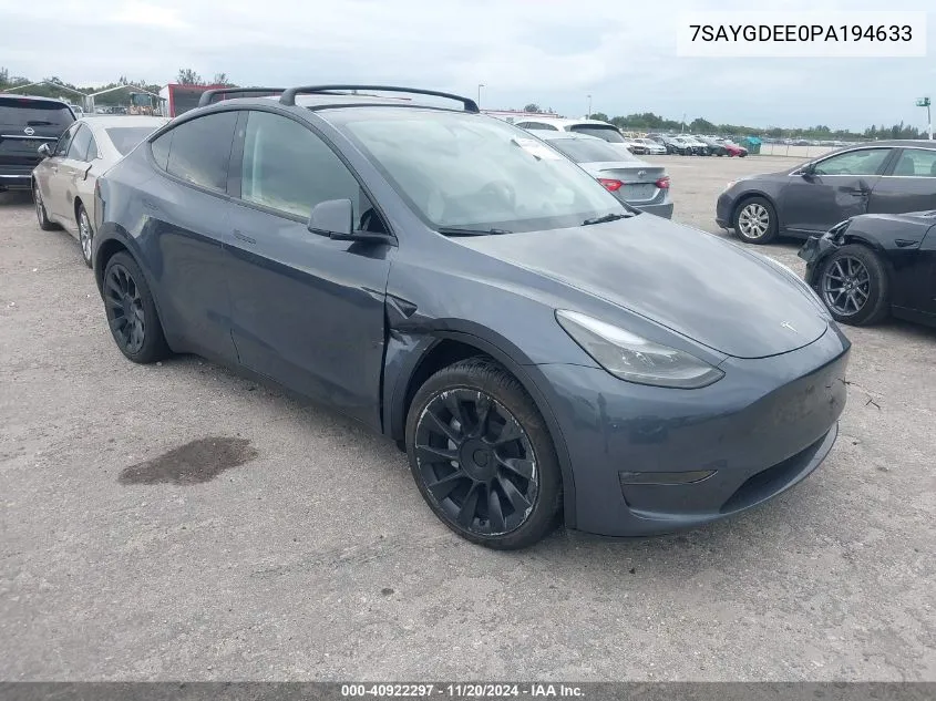 2023 Tesla Model Y Awd/Long Range Dual Motor All-Wheel Drive VIN: 7SAYGDEE0PA194633 Lot: 40922297