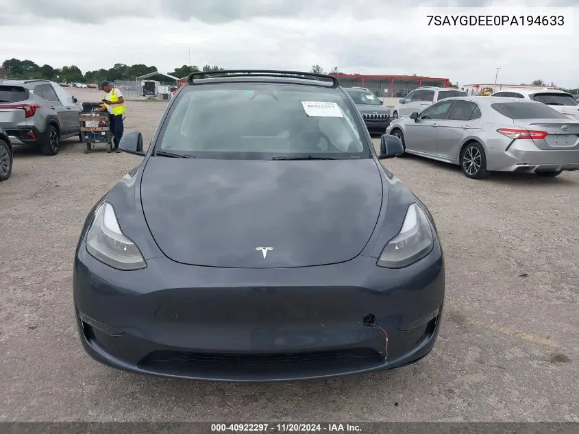 2023 Tesla Model Y Awd/Long Range Dual Motor All-Wheel Drive VIN: 7SAYGDEE0PA194633 Lot: 40922297