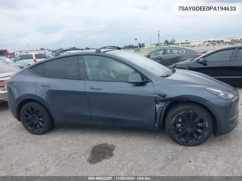 2023 Tesla Model Y Awd/Long Range Dual Motor All-Wheel Drive VIN: 7SAYGDEE0PA194633 Lot: 40922297