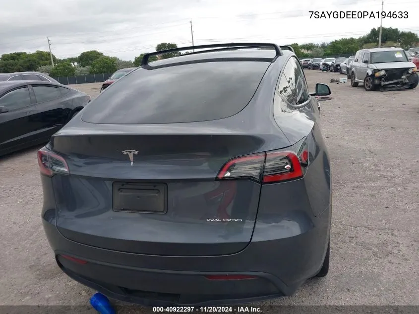 2023 Tesla Model Y Awd/Long Range Dual Motor All-Wheel Drive VIN: 7SAYGDEE0PA194633 Lot: 40922297