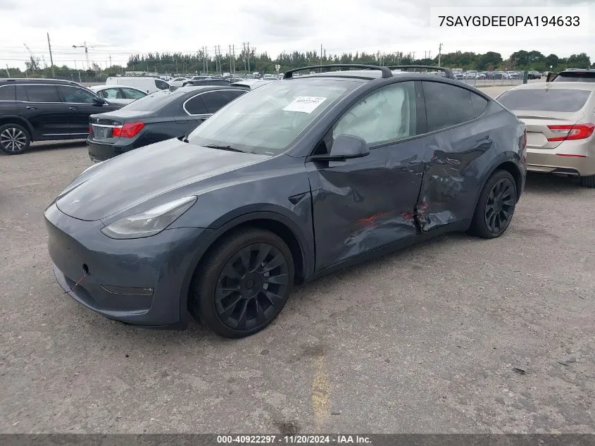 2023 Tesla Model Y Awd/Long Range Dual Motor All-Wheel Drive VIN: 7SAYGDEE0PA194633 Lot: 40922297